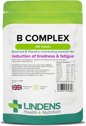 Lindens Vitamin B Complex, 100 Tablets - With 8 B Vitamins, B1,B2,B3,B5,B6,B7,B9,B12 - Reduce Of Tiredness & Fatigue, Immune Support - Uk Made, Vegan, Gmp & Letterbox Friendly