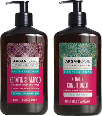 Arganicare | Keratin Shampoo + Conditioner | Regenerates Hair Intensely | Prevents And Treats Split Ends | Soft, Silky, Shiny Hair | Made In France | 2X400Ml