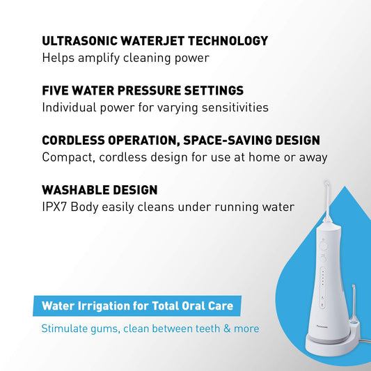 Panasonic Professional Cordless Water Flosser for Dental, Bridge and Orthodontic Care, Portable Oral Irrigator with Ultrasonic Cleaning – EW1511W (White)