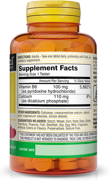 Mason Natural Vitamin B6 100 Mg With Calcium - Healthy Heart, Supports Muscle And Nerve Function, Improved Energy Metabolism, 100 Tablets