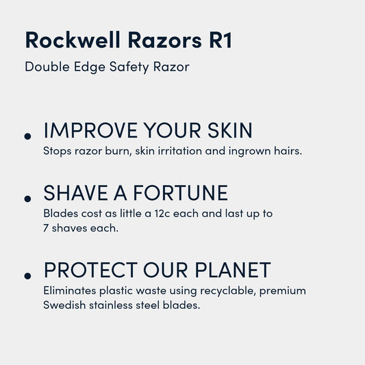 Rockwell Razors R1 Double Edge Safety Razor In White Chrome. Beginner-Friendly For A Smooth, Comfortable Shave. Twist-To-Open Handle For Easy Blade Loading. Includes 5 Recyclable Safety Razor Blades