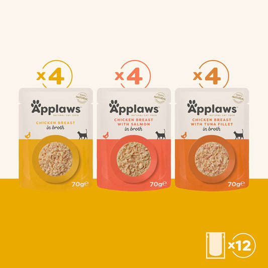 Applaws 100% Natural Wet Cat Food, Pouch Multipack Chicken Selection In Broth, 70 G (12 X 70 G Pouches