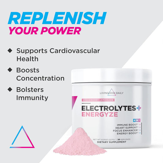 Livingood Daily Electrolytes Powder, Electrolytes Hydration Powder With Vitamin C, Taurine, D Ribose & Fos, Sugar Free Electrolyte Drink Mix, Keto, Gluten Free, Strawberry Lemonade, 30 Servings