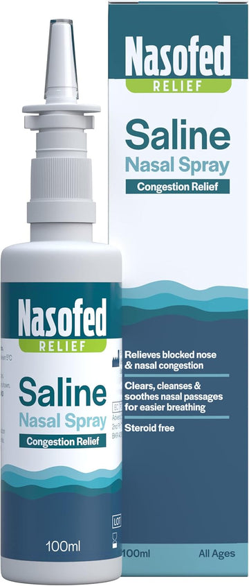 Nasofed Saline Nasal Spray. Isotonic Saline Solution. Effective And Gentle Relief From Nasal Congestion Caused By Colds, Sinusitis, Hayfever And Allergies. 1 X 100 Ml