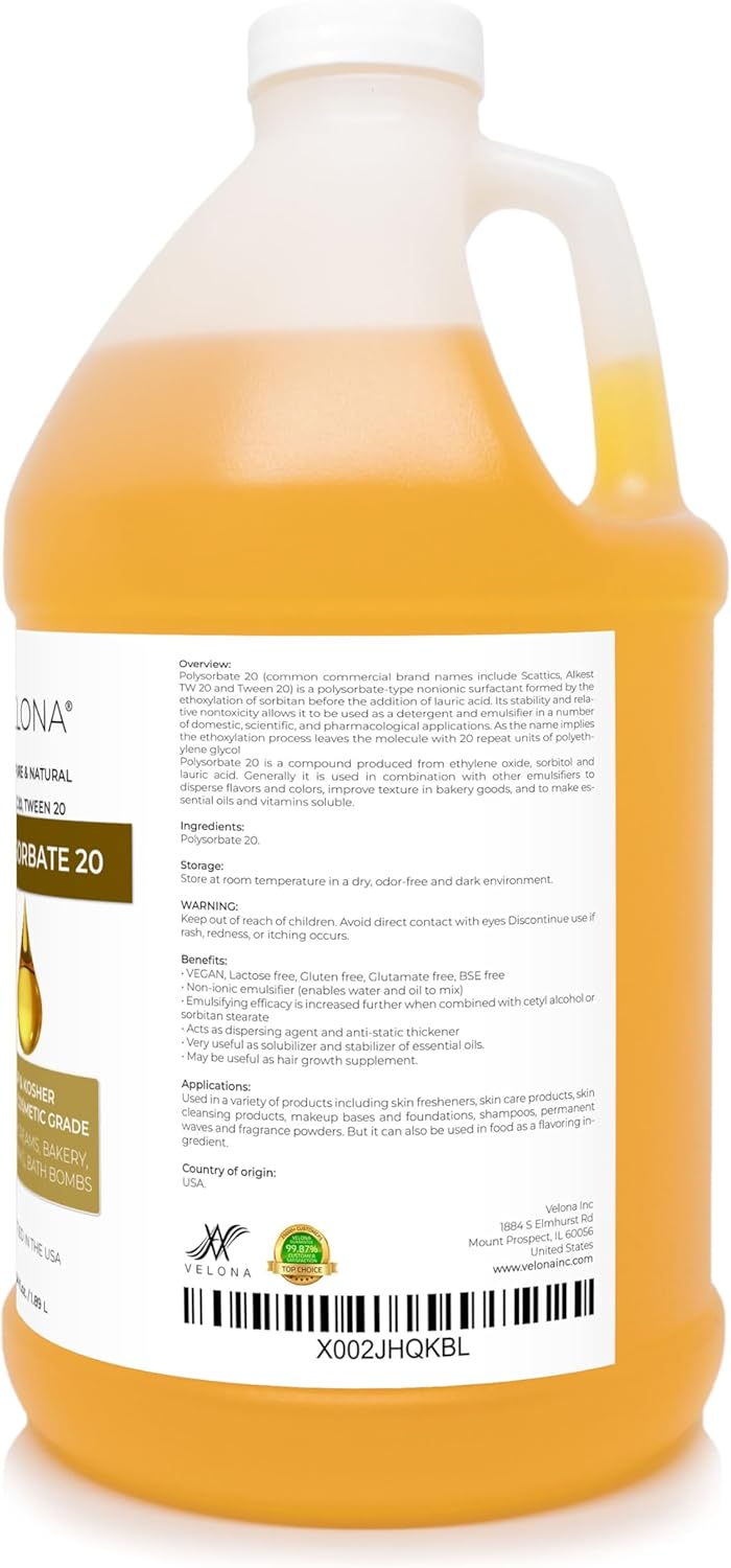 Polysorbate 20 by Velona - 64 oz | Solubilizer, Food & Cosmetic Grade | All Natural for Cooking, Skin Care and Bath Bombs | Use Today - Enjoy Results : Beauty & Personal Care