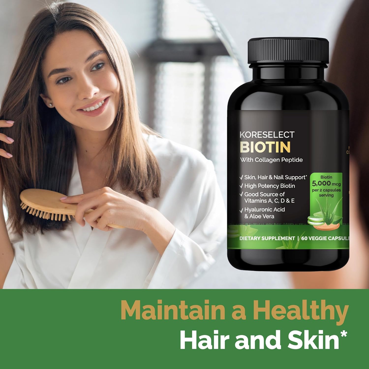 KORESELECT Biotin Collagen Capsules 5000mg, with B7 and Multivitamins, Hyaluronic Acid, Aloe for Men & Women, hair, nail, skin care, 60 Capsules : Health & Household