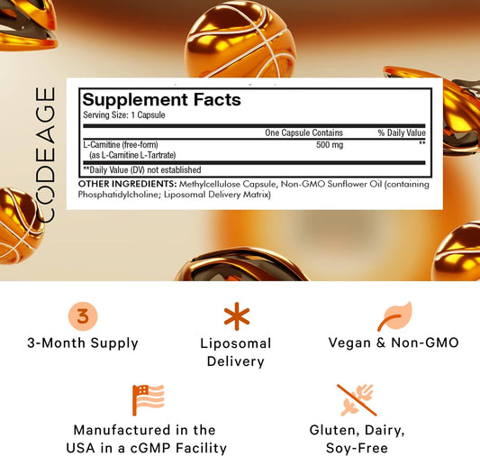 Codeage L-Carnitine 500Mg Supplement, 3-Month Supply, L-Carnitine L-Ta