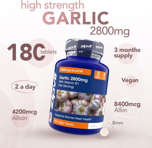 Zipvit Garlic Tablets 2800Mg, High Strength Garlic Supplement With Vitamin B1, Provides Allicin & Alliin, Supports Heart Health, 2 A Day, 3 Months Supply