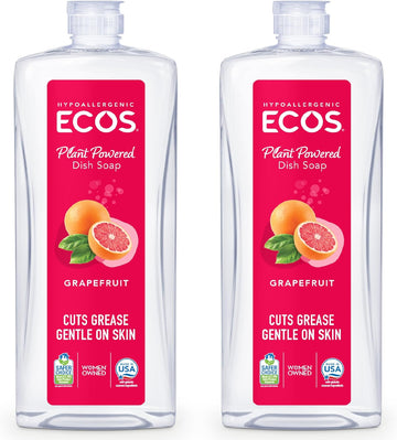 Ecos Dish Soap - Cuts Grease & Food Residue No Harsh Chemicals Hypoallergenic For Sensitive Skin Biodegradable Formula, Recyclable Sustainable Liquid Dishwashing Grapefruit (Pack Of 2)