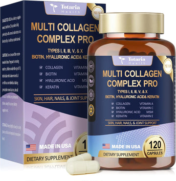 18-In-1 Collagen Pro With Hyaluronic Aicd, Keratin, Biotin, Vit A C & E For Skin, Hair, Nails, Joint & Beauty - Multi Collagen Peptides Capsules With Type I Ii Iii V & X For Women & Men - 120 Caps