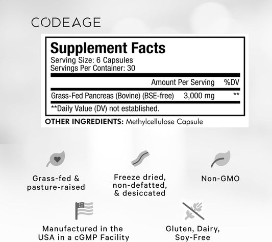 Codeage Grass Fed Beef Pancreas Supplement Glandulars - Freeze Dried, Non-Defatted Desiccated Beef Pancreas Pills – Pancreatic Enzymes Diet Meat - Pasture Raised Bovine Vitamins - 180 Capsules