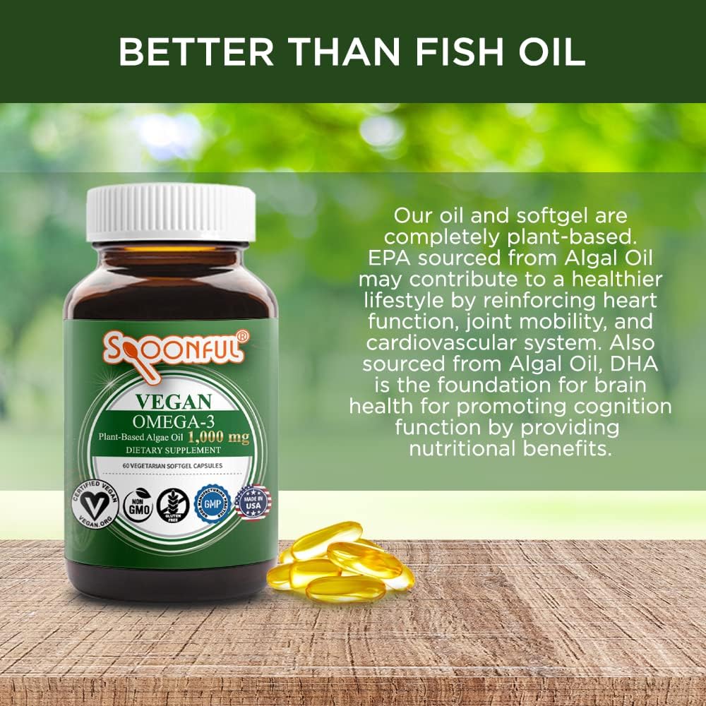 Spoonful Vegan Omega-3 1,000 mg, Plant-Based Algae Oil, Certified Vegan, Gluten-Free, Non-GMO, 60 Vegetarian Softgels, 2 Month Supply, Made in USA : Health & Household