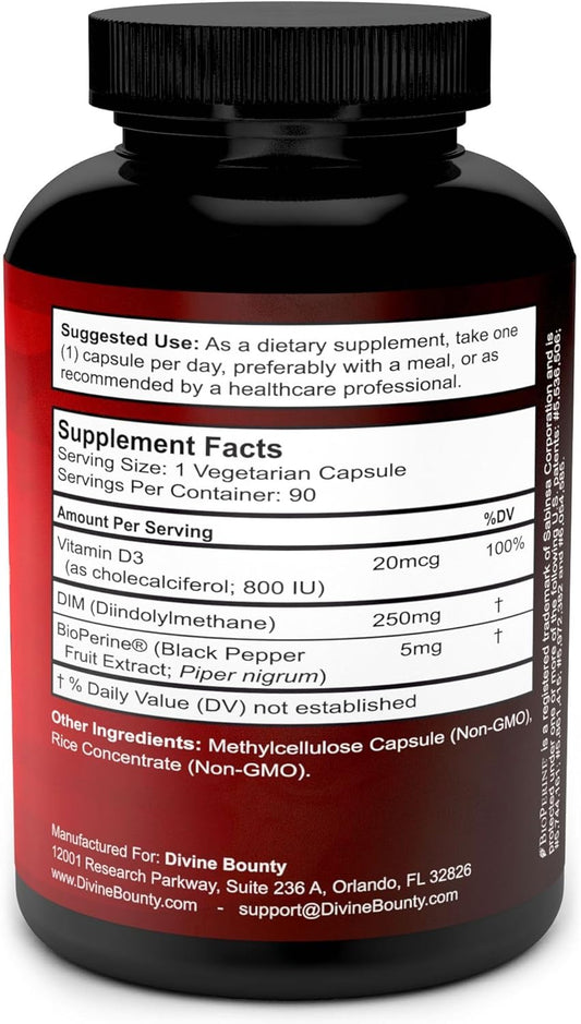 Dim Supplement 250Mg With Vitamin D3 Plus Bioperine - Diindolylmethane Menopause & Estrogen Support, Hormone Balance Support For Women And Men - 90 Vegetarian Caps