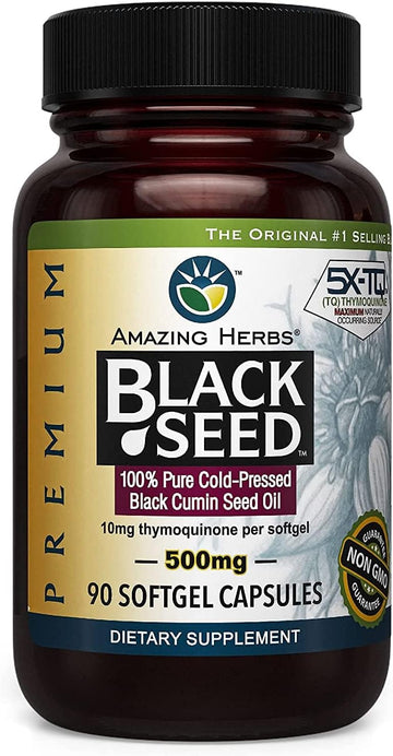 Amazing Herbs Premium Black Seed Oil Capsules - Cold Pressed Nigella S