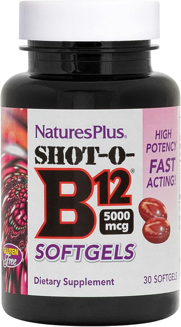 Naturesplus Shot-O-B12 (Cyanocobalamin) - 5000 Mcg, 30 Softgels - High Potency, Fast Acting B12 Supplement - Memory & Energy Booster - Gluten-Free - 30 Servings