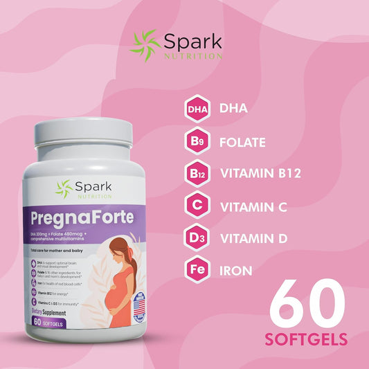 Spark Nutrition Pregnaforte Prenatal Multivitamin 60 Days: Folic Acid, Omega-3 Dha/Epa, Vitamins A, B6, B12, C, D3, E & Minerals: Calcium, Iron, Zinc, Magnesium - Before, During & Post Pregnancy, Non-Gmo Gluten Free