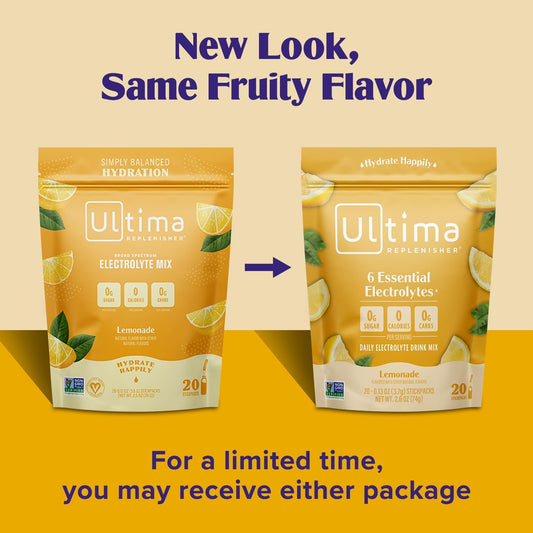 Ultima Replenisher Daily Electrolyte Drink Mix β Lemonade, 20 Stickpacks β Hydration Packets With 6 Key Electrolytes & Trace Minerals β Keto Friendly, Vegan, Non-Gmo & Sugar-Free Electrolyte Powder