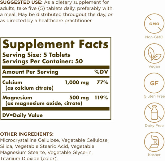 Solgar Calcium Magnesium Citrate - 250 Tablets, Pack Of 2 - Non-Gmo, Vegan, Gluten Free, Kosher - 100 Total Servings
