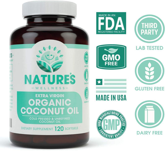 Natures Wellness Organic Coconut Oil 2000Mg - Healthy Skin, Nails, Hair Growth ā Extra Virgin, Cold Pressed, Unrefined Non Gmo - Rich In Mct Mcfa - Support Brain Function