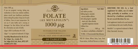 Solgar Folate 1000 Mcg - 60 Tablets - 1000 Mcg Bio-Active Metafolin - Vegan, Gluten Free, Dairy Free, Kosher - 60 Servings