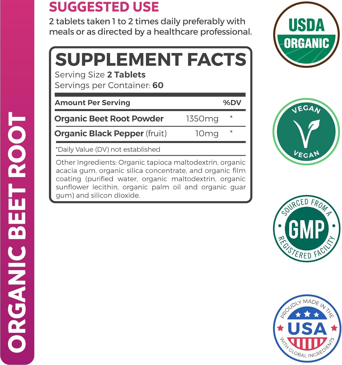 USDA Organic Beet Root Powder (120 Tablets) 1350mg Beets Per Serving w