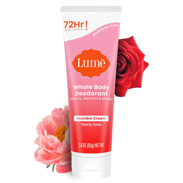 Lume Whole Body Deodorant - Invisible Cream Tube - 72 Hour Odor Control - Aluminum Free, Baking Soda Free, Skin Safe - 3.0 Ounce (Peony Rose)