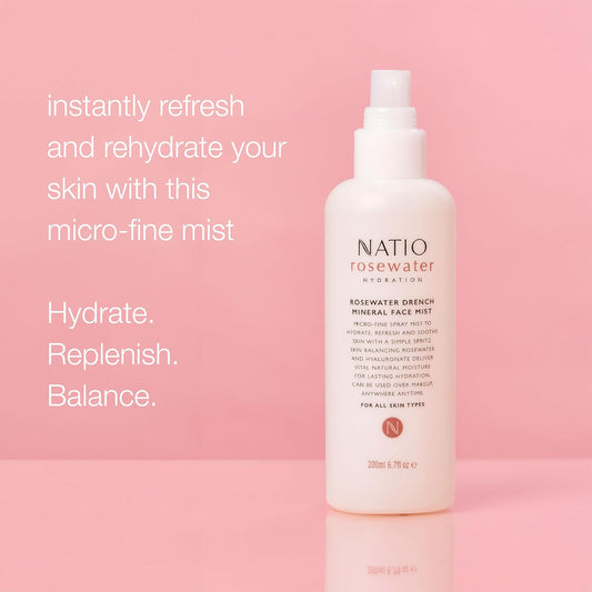 Natio Australia Rosewater Hydration Drench Mineral Face Mist, 200 Ml - Face Moisturiser For All Skin Types - Makeup Safe Face Mist Hydrating Spray