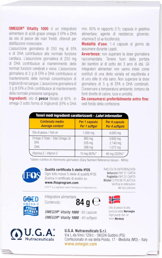 OMEGORĀ® Vitality 1000- Omega-3 with 800mg EPA/DHA per Capsule | The Only Omega-3 IFOS 5-Star Certified Since 2006 | 90% Omega-3 in rTG Form | High Dosage EPA and DHA