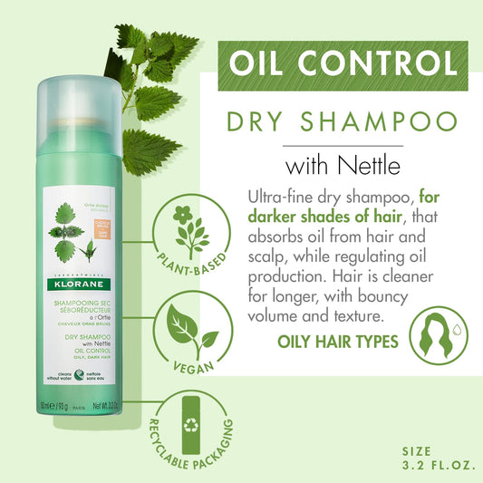 Klorane Dry Shampoo with Nettle, Natural Tint for Brunettes, for Oily Hair and Scalp, Regulates Oil Production, Paraben & Sulfate-Free