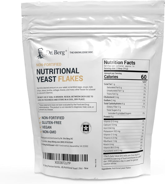 Dr. Berg Premium Nutritional Yeast Flakes - Delicious Non-Fortified Nutritional Yeast With Naturally Occurring B Vitamins - 8Oz