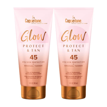Coppertone Glow Protect And Tan Sunscreen Lotion With Gradual Self Tanner Spf 45, Water Resistant Sunscreen, Spf 45 Broad Spectrum Sunscreen Pack, 5 Fl Oz Tube, Pack Of 2
