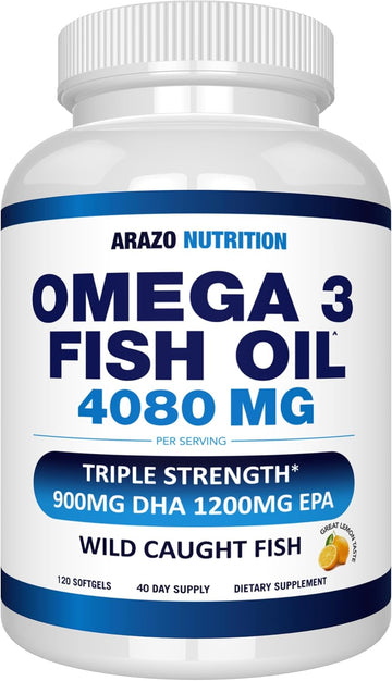 Arazo Nutrition Wild Caught Omega 3 Fish Oil – 120 Soft Gels – 4,080Mg High Epa 1200Mg Dha 900Mg Lemon Flavor Burpless Softgels