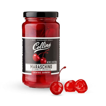 Collins Stemmed Maraschino Cocktail Cherries - Royal Anne Cherries Garnish For Cocktails, Manhattan And Old Fashioned Mix, 10Oz Black