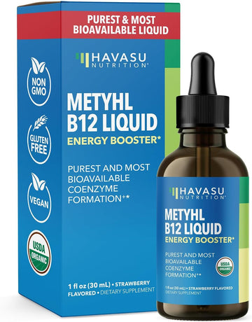 Organic Methyl B12 Liquid Drops | Methylcobalamin B12 Vitamin Energy Boost | Methylated B12 Purest & Most Bioavailable Form For B12 Pathway | Brain & Nerve | Non-Gmo, Vegan, Strawberry Flavored, 30Ml