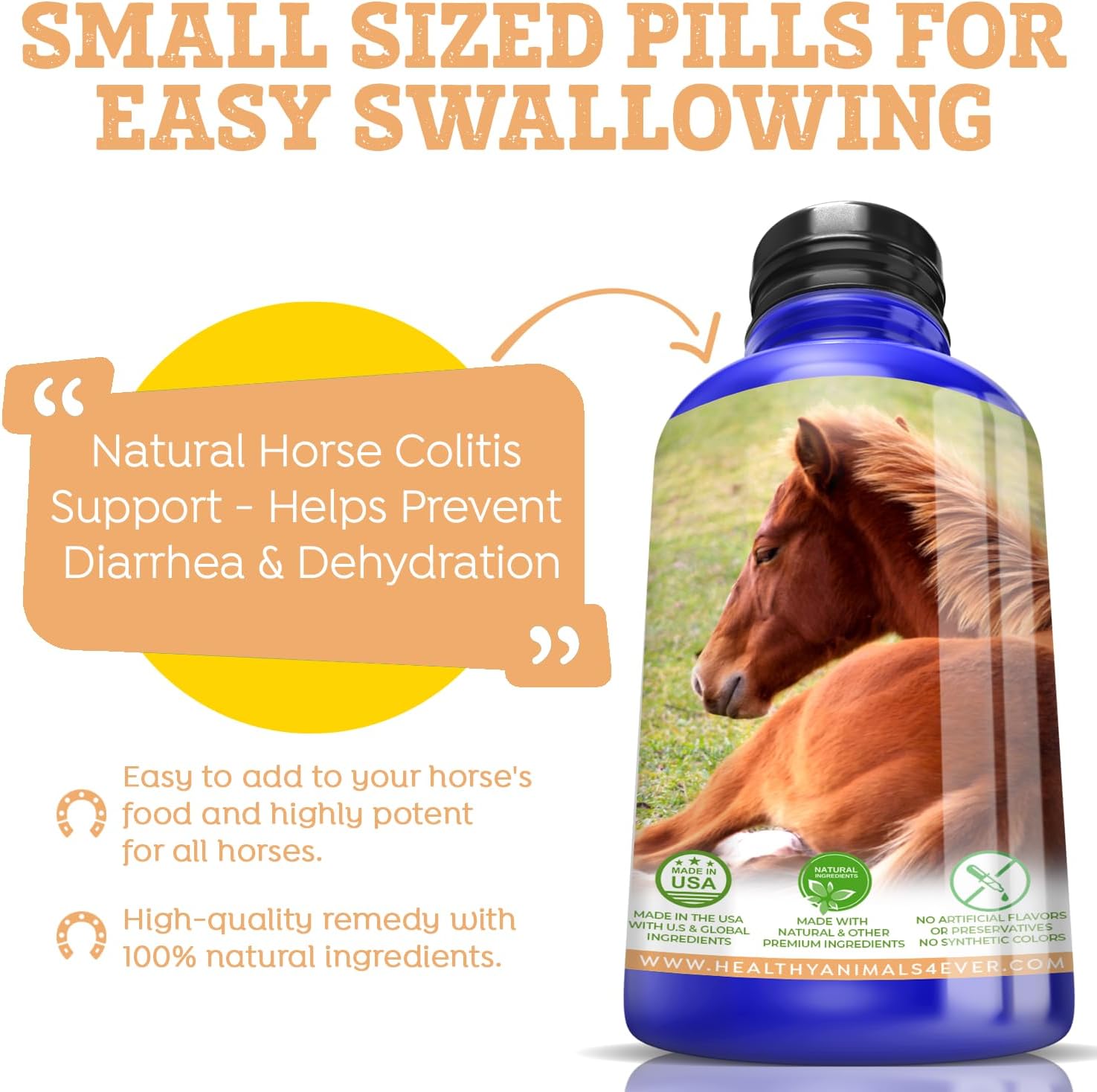 Animals 4Ever All-Natural Horse Colitis Support - Helps Prevent Diarrhea & Dehydration - Supplements for Horses - Homeopathic & Highly Effective - 300 Tablets