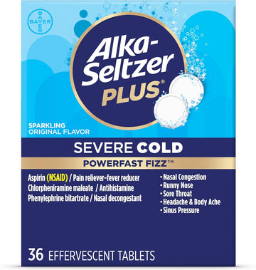Alka-Seltzer Plus Severe Cold - Sparkling Original Powerfast Fizz Effervescent Common Cold Tablets, Sinus Congestion, Runny Nose, And Dry Cough, 36Ct, Packaging May Vary