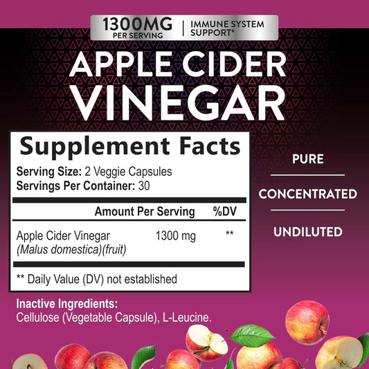 Apple Cider Vinegar Capsules For Detox & Cleanse, Acv Capsules With Digestion & Immune Support - Extra Strength - 1300 Mg Per Capsule, Gluten & Sugar Free, Non-Gmo Supplement - 60 Vegetarian Pills