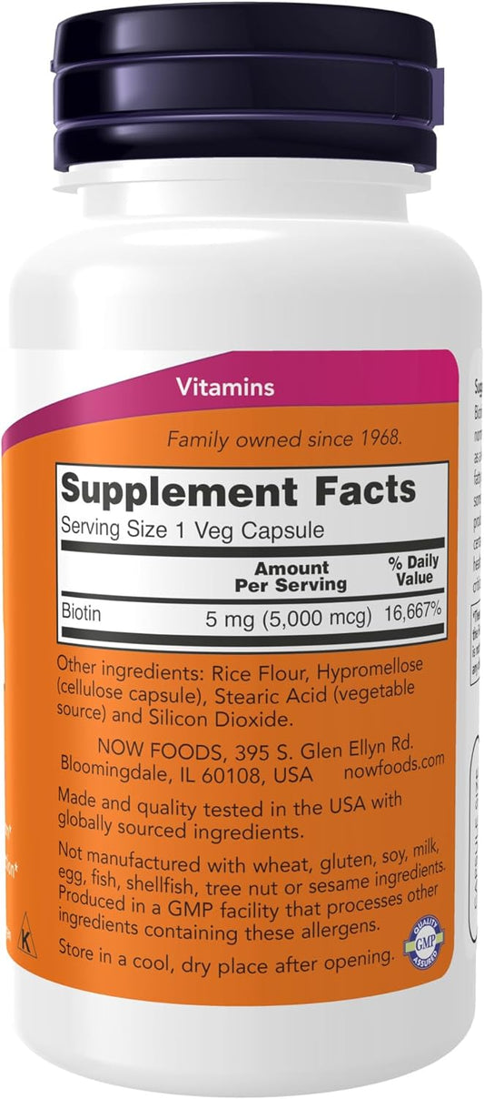 Now Supplements, Biotin 5,000 Mcg, Amino Acid Metabolism*, Energy Production*, 60 Veg Capsules