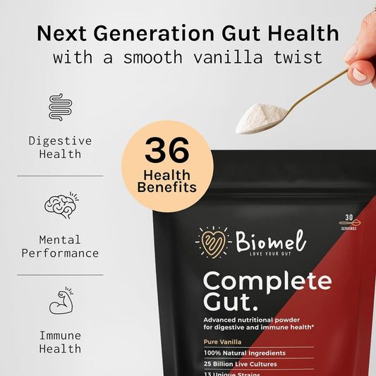 Biomel Complete Gut - Pure Vanilla - Advanced Gut Health - 450G/30 Servings - Vegan Friendly - Gluten Free - Delicious & Effective