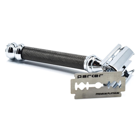 Parker 76R Heavyweight Butterfly Open Safety Razor – Gunmetal Finish With Long Knurled Handle For Precision Wet Shaving