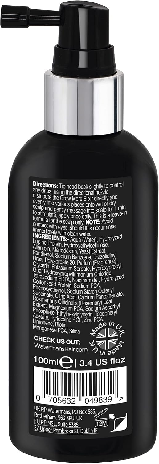 Watermans Grow More Elixir: Hair Growth Serum, Leave-In Scalp Treatment For Hair Loss & Thickening Hair. Boost Growth For Both Women & Men