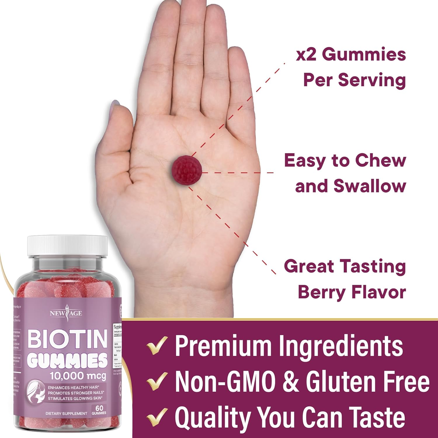 NEW AGE Biotin Gummies – Hair, Skin & Nails Gummies – 10,000 mcg - Supports Nail Strength and Healthy Hair - Non-GMO Supplement for Women, Men - Made in USA -120 Count : Health & Household