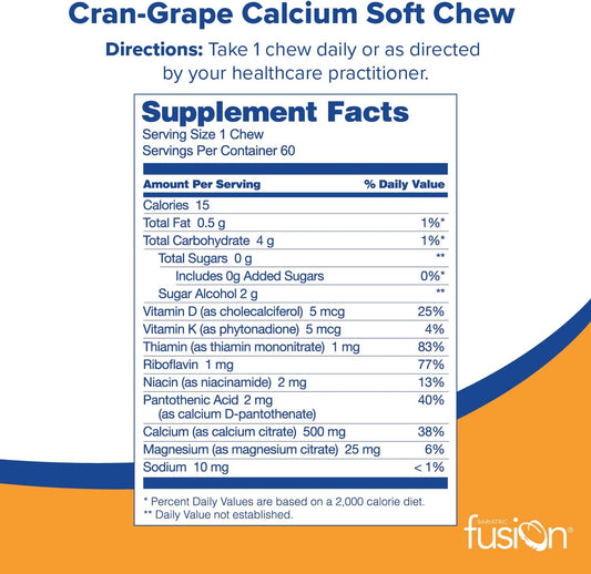 Bariatric Fusion Calcium Citrate & Energy Soft Chew Bariatric Vitamin | Cranberry Grape | Sugar Free | Bariatric Surgery Patients Including Gastric Bypass And Sleeve Gastrectomy | 60 Count