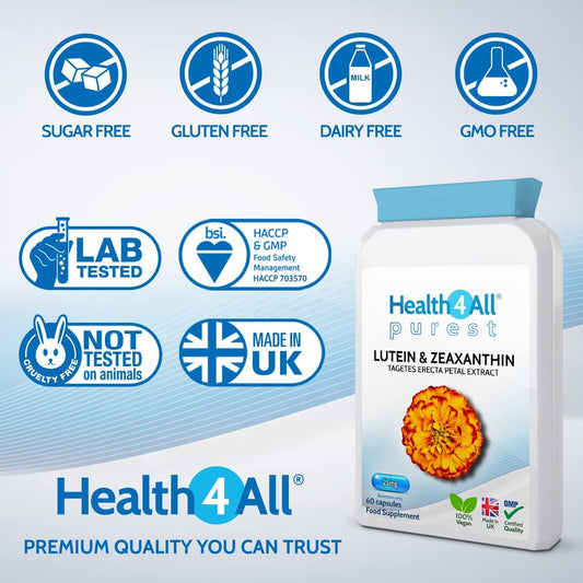 Health4All Lutein And Zeaxanthin Supplement 25Mg Per Capsule, 60 Capsules 2 Months Supply, Purest Eye Health Marigold Extract Supplement, Natural Eye Vitamins For Vision Care & Floaters | Made In Uk