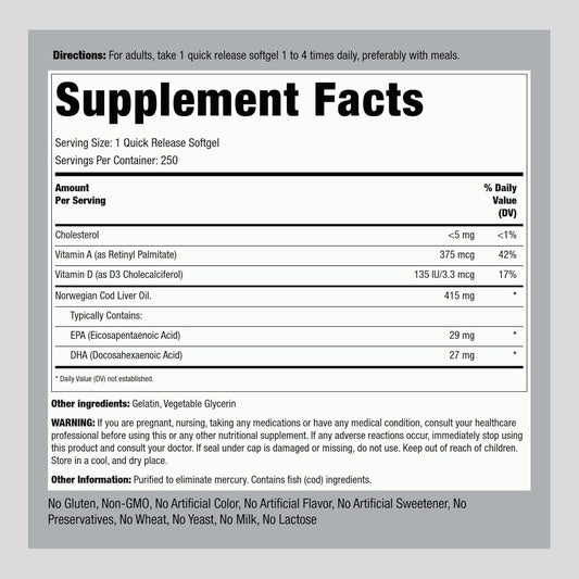 Piping Rock Cod Liver Oil Capsules | 250 Softgels | with EPA DHA | Engelvaer Norwegian | Non-GMO, Gluten Free Supplement