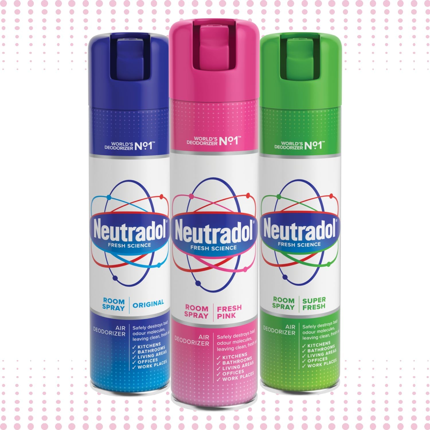 Neutradol Room Spray, Fast Acting Aerosol, Air Freshener For Home & Office, Odour Eliminator, Multipack Of 3 X 300Ml (Fresh Pink)