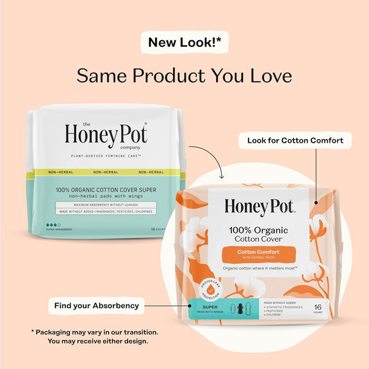 The Honey Pot Company - Sanitary Pads For Women - Non-Herbal Super W/Wings - Organic - Cotton Cover & Ultra-Absorbent Pulp Core - Feminine Care - Fsa & Hsa Eligible - 16 Ct