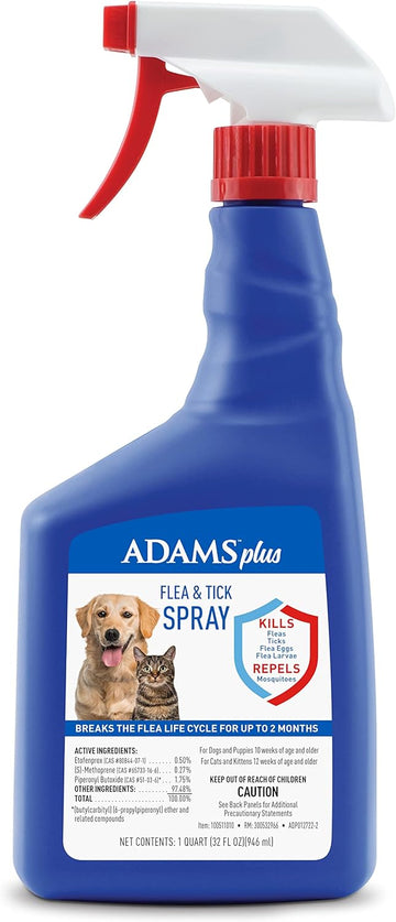 Adams Plus Flea & Tick Spray | Kills Adult Fleas, Flea Eggs, Flea Larvae, Ticks, And Repels Mosquitoes For Up To 2 Weeks | Controls Flea Reinfestation For Up To 2 Months | 32 Oz