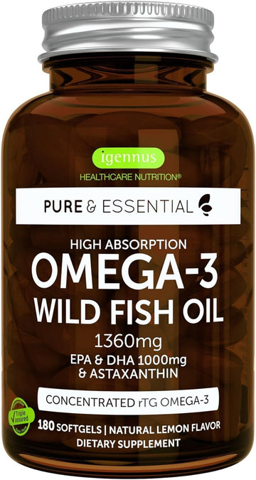Super Concentrated Triglyceride Omega 3 Wild Fish Oil Rtg, Epa Dha 1000Mg, Clean Label, Ultra Pure, Free From Environmental Toxins, Non-Gmo, Astaxanthin 1Mg, Lemon Flavor, 180 Softgels By Igennus