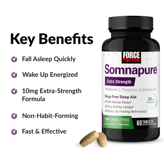 Force Factor Somnapure Extra Strength Sleep Aid To Fall Asleep Faster & Stay Asleep Longer, Sleep Aids For Adults, Sleeping Pills With 10Mg Melatonin, L-Theanine, Chamomile, Lemon Balm, 60 Tablets